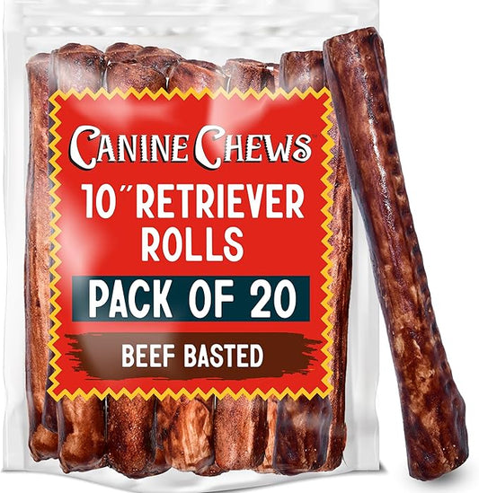 Canine Chews 10" Beef Basted Rawhide Bones for Large Dogs - 20 Pack - Hand-Rolled Dog Chews Basted in Beef Broth - Promotes Dental Health