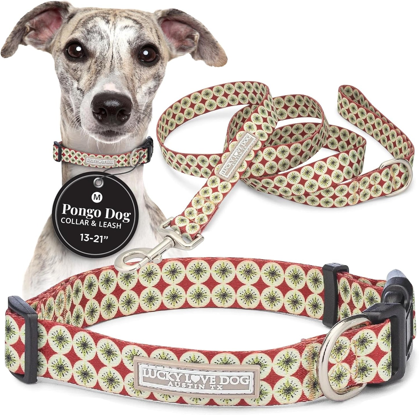 Lucky Love Dog - Easy Click Buckle Dog Collar with Leash Set Combo, Durable & Comfortable for Male & Female Dogs, Pet Collar for Small to Large Dogs, Secure Fit - Pongo Combo, Medium