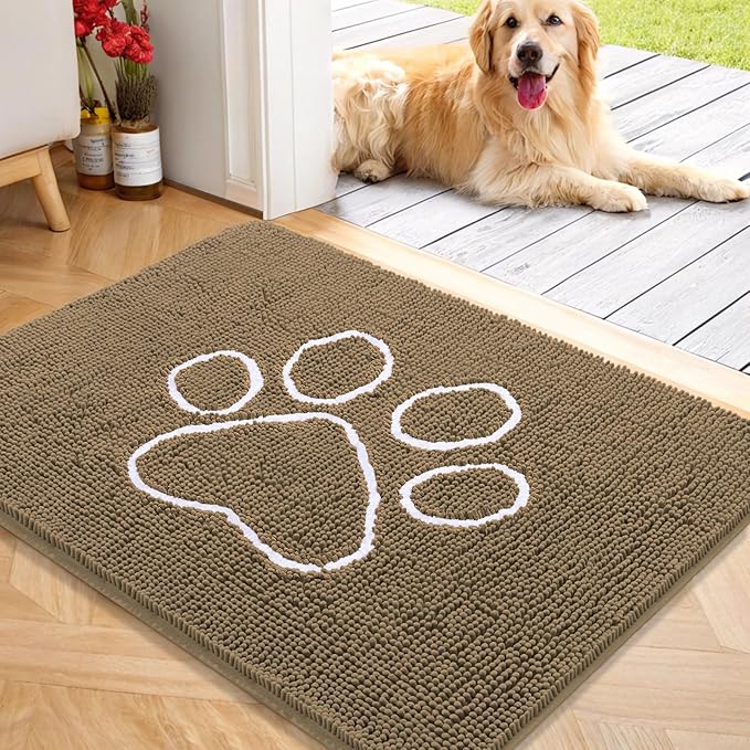 OLANLY Door Mat for Muddy Dog Paws 40x32, Ultra Absorbent Chenille Mud Doormat with Paw Print Design, Non-Slip Washable Doormat for Indoor Entryway, Quick-Dry Pet Bed Mats for Dirty Dogs, Tan