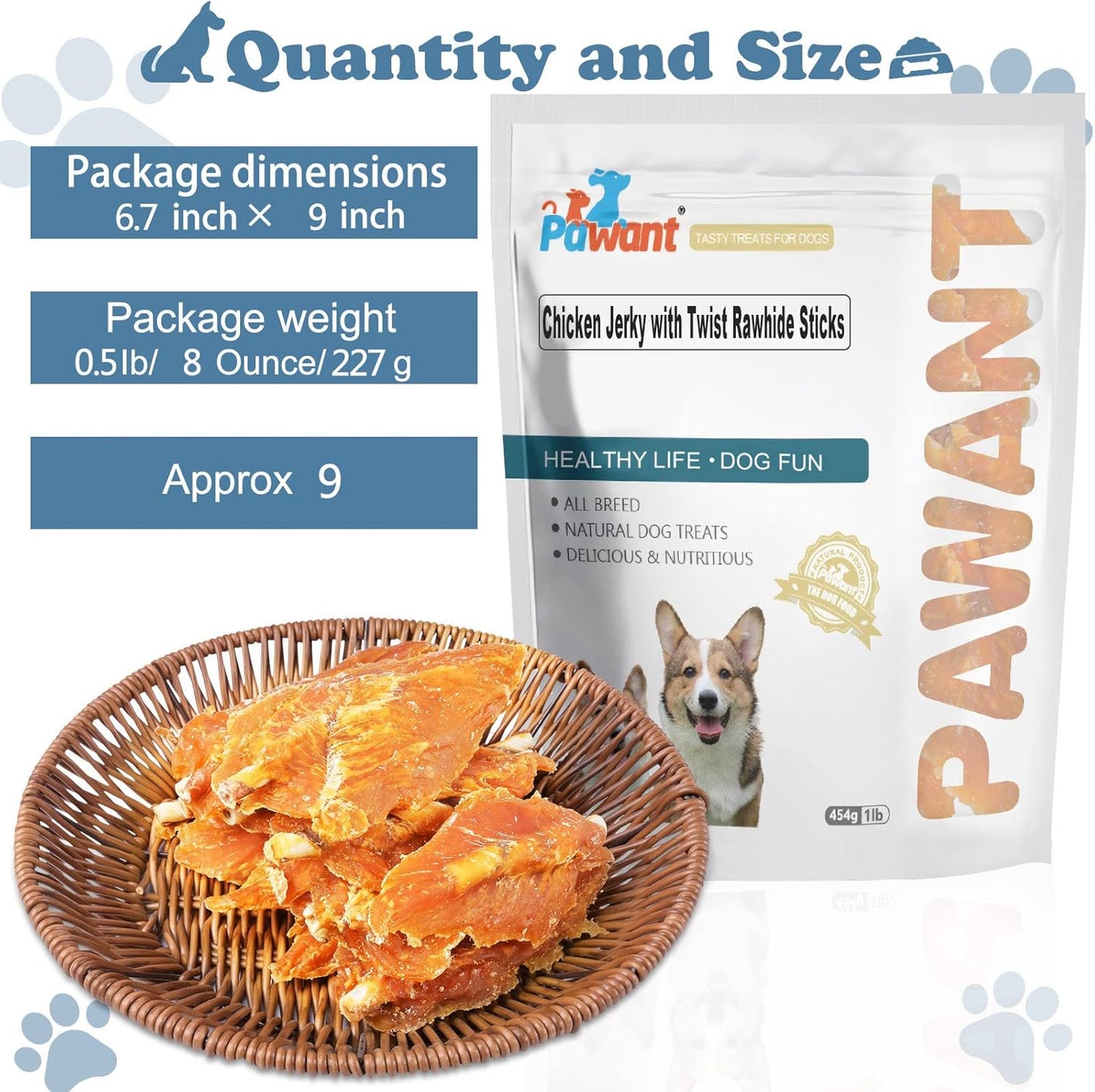 Chicken Jerky with Twist Rawhide Sticks Puppy Training Snacks Dog Chews Treats 0.5lb/227g