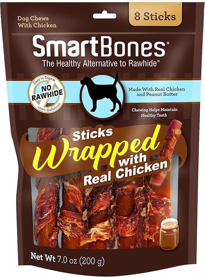 SmartBones Chicken-Wrapped Sticks, Treat Your Dog to a Rawhide-Free Chew Made With Real Chicken and Peanut Butter 8 Count (Pack of 1)