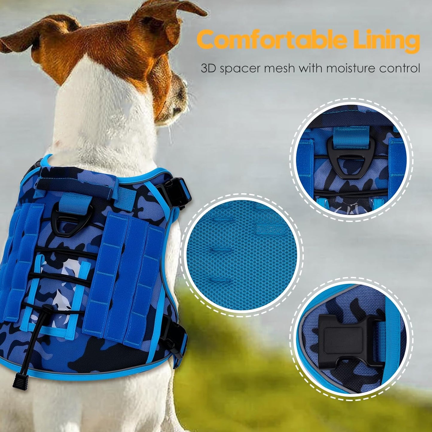 Heavy-Duty Tactical Dog Harness for Large Dogs, No Pull Adjustable Reflective Pet Vest with Molle System, K9 Military-Grade Control for Service Training, Outdoor & 10+ Breeds, Blue Camo, X-Large