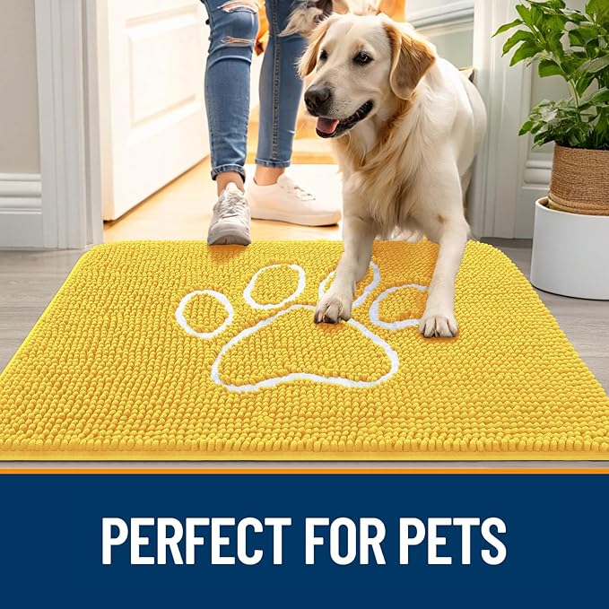 OLANLY Door Mat for Muddy Dog Paws 48x30, Ultra Absorbent Chenille Mud Doormat with Paw Print Design, Non-Slip Washable Doormat for Indoor Entryway, Quick-Dry Pet Bed Mats for Dirty Dogs, Yellow