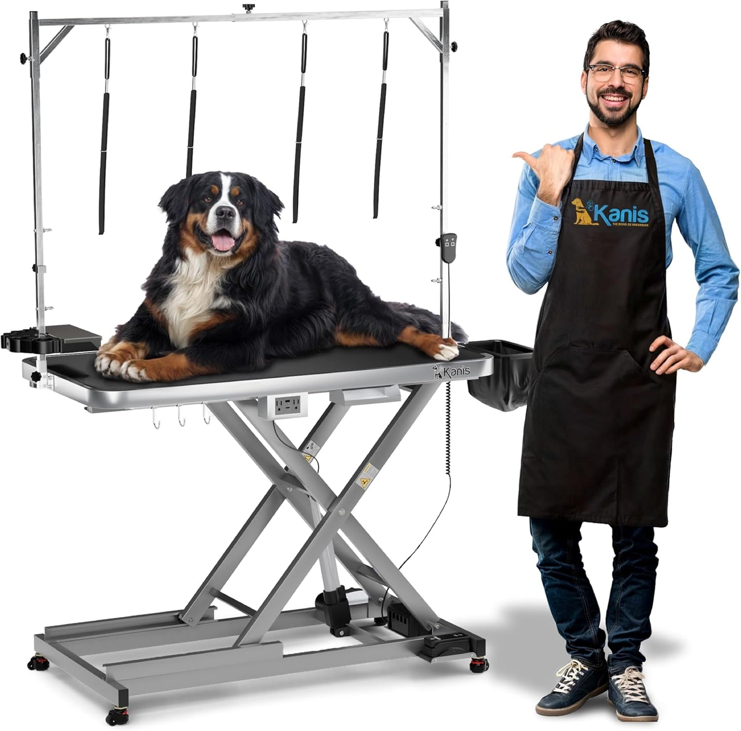 KANIS Professional Electric Dog Grooming Table - Heavy Duty, Height Adjustable Pet Grooming Table w/Leveling Wheels, Grooming Arm, Anti Slip Tabletop & Tool Organizer/Dog Grooming Station (49", Grey)