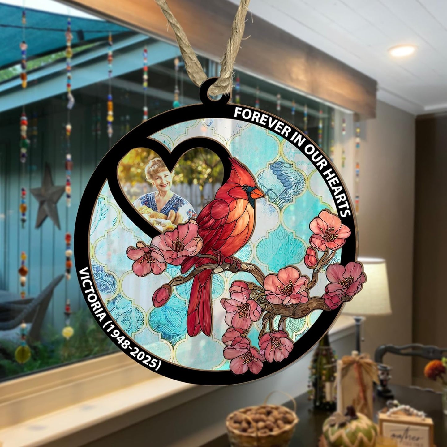 Personalized Cardinal Window Suncatcher Memorial Ornament – Custom Photo Remembrance Gift with Cherry Blossoms, “I’m Always with You” Quote – Cardinal Suncatchers for Windows, Car Mirror, or Display