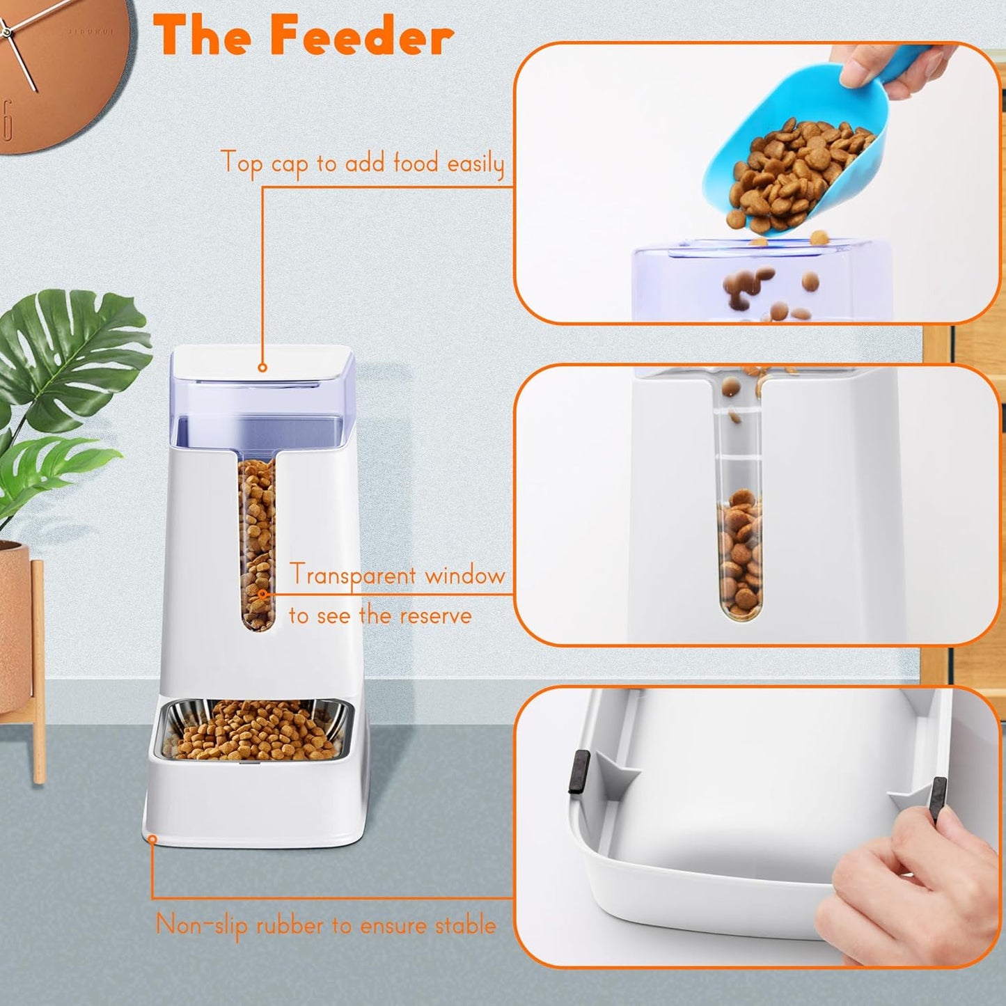 Cat Food Dispenser and Cat Water Dispenser Set with Stainless Steel Bowls Gravity Dog Feeder for Small Medium Big Cat Dog Pet Puppy Kitten, 1 Gallon x 2