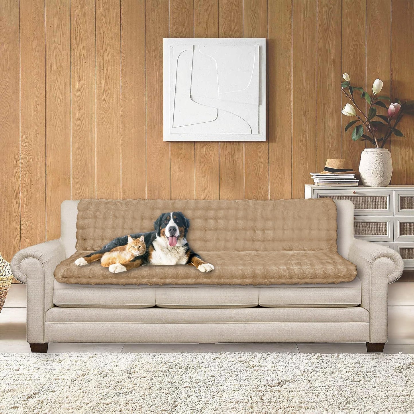 Dogs/Cats Bed Mats, Dog Pad Washable Removable Couch Cover with Anti-Slip Back, Plush Long Fur Mat, Perfect for Small, Medium and Large Dogs.(Light Brown-Bubble, 52"x82")