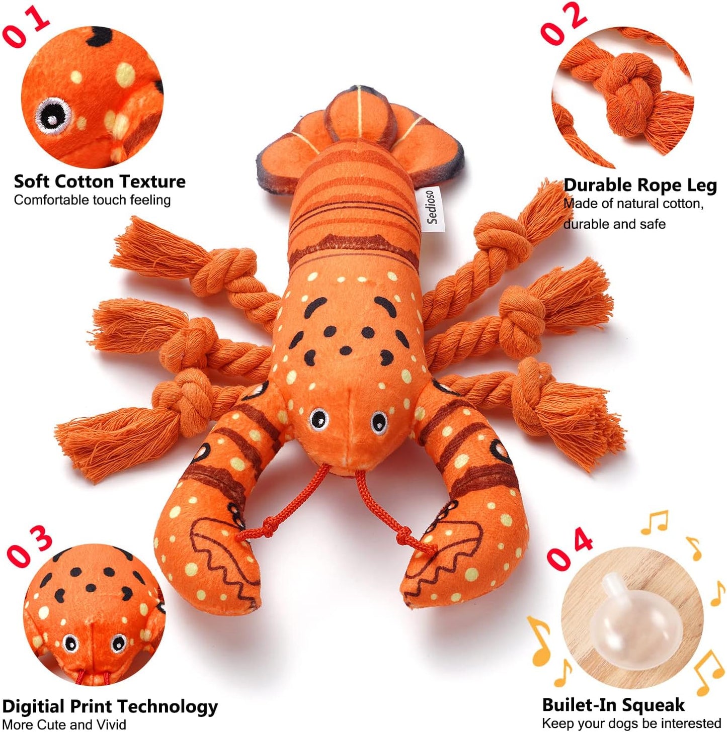 Dog Toys, Dog Plush Toy for Large Breed, Cute Squeaky Dogs Toy with Crinkle Paper, Puppy Chew Toy for Small, Middle, Large Breed (Lobster)
