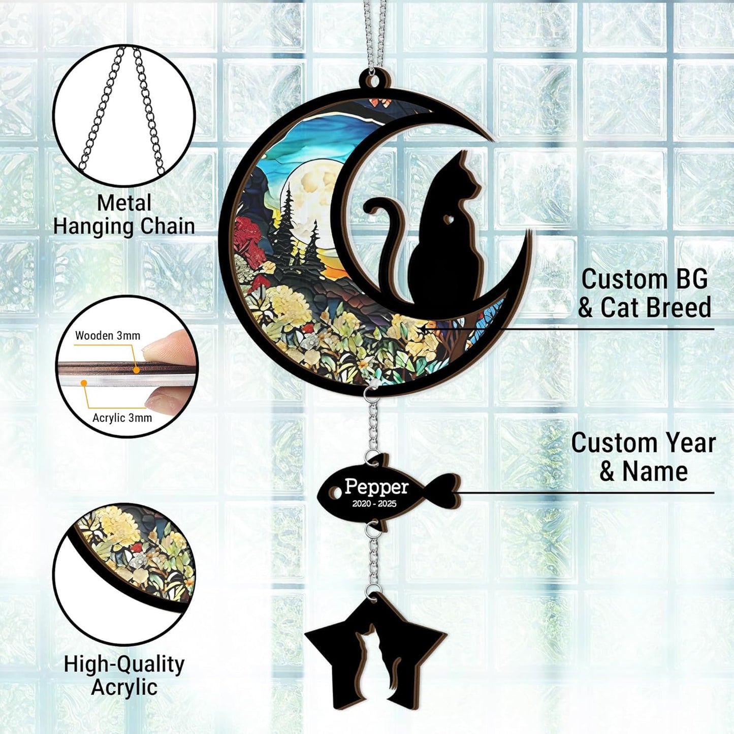 Moon Shape Stained Glass Cat Suncatcher | Customized Pet Memorial Suncatcher with Photo & with Charms | Personalized Memorial Gifts for Pet Lovers | Best Gifts for Your Beloved Cat Passed Away