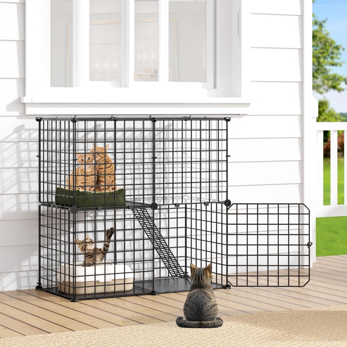 DWVO Cat Enclosure for Kittens, 2-Tier Pet Cage for Small Animals, Kitty Playpen for Indoor Outdoor Black