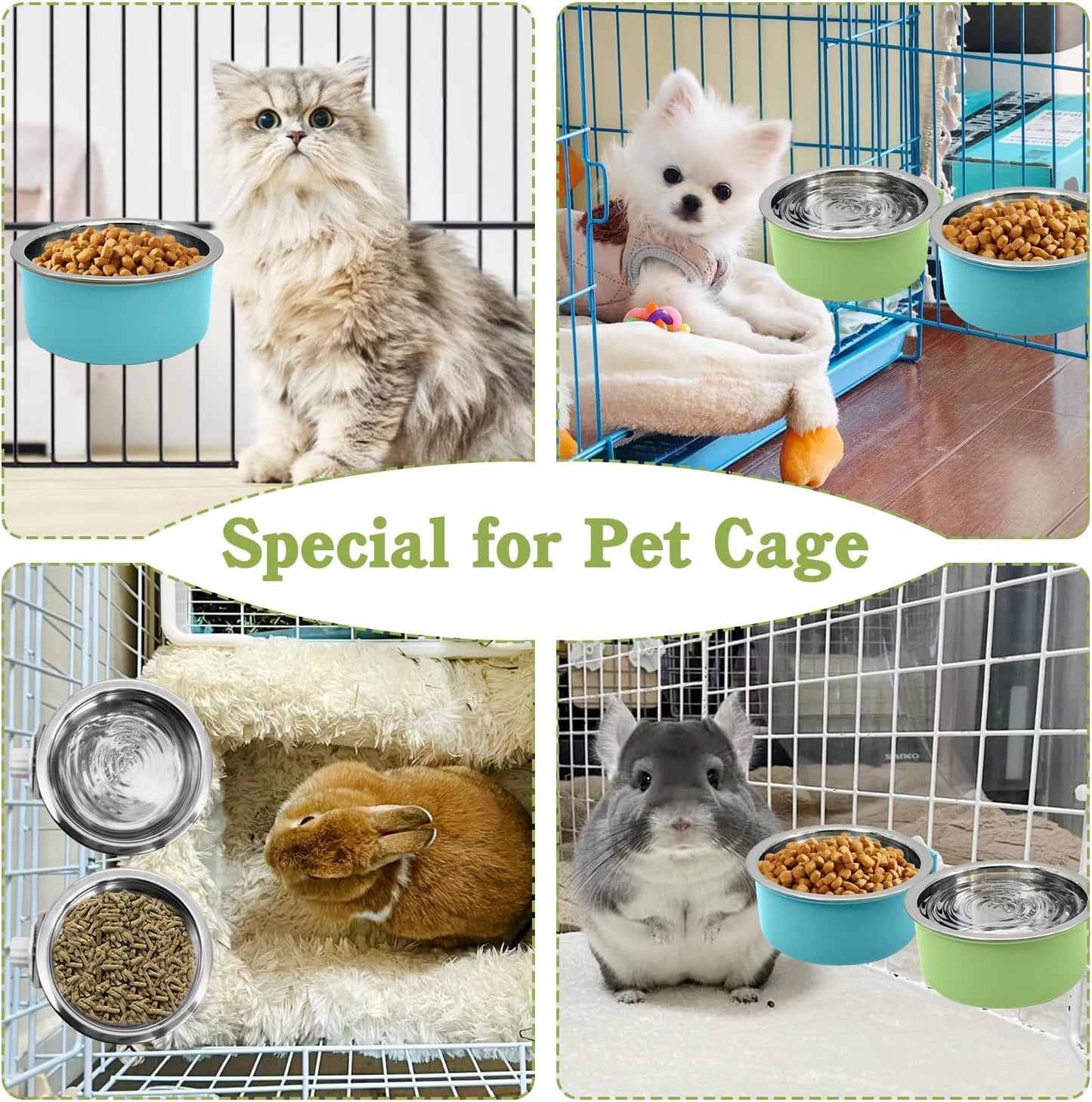 Tfwadmx 4 Pcs Crate Dog Bowl Cat Removable Stainless Steel Food and Water Feeder Hanging Cage Bowls Coop Cup with Cleaning Set for Pet Puppy Bird Rat Guinea Pig Ferret Bunny Rabbit (Light Blue&Green)