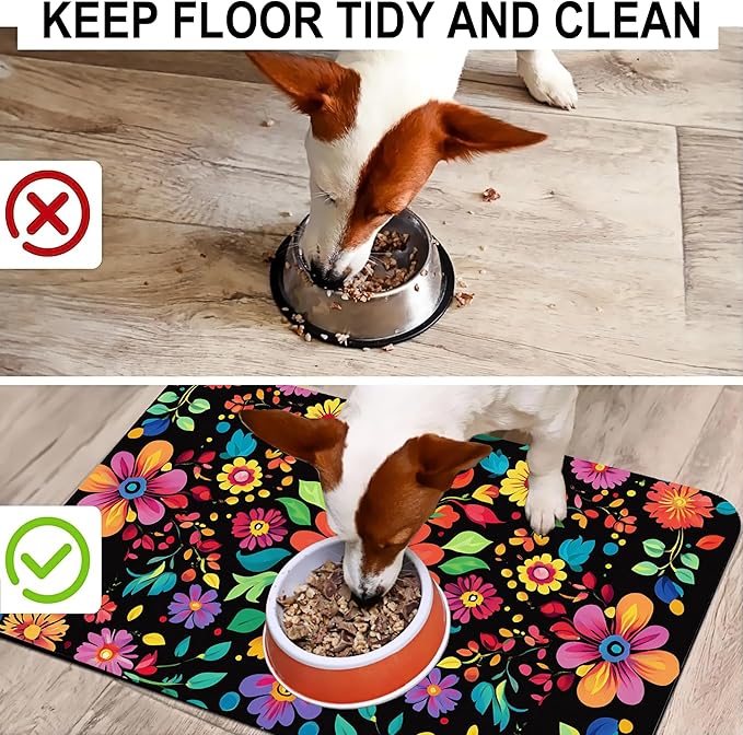 Colorful Mexican Floral Pet Feeding Mat-Quick Dry Absorbent Dog Cat Food Mat, Anti-Slip Water Bowl Mats for Messy Eaters-No Stains Indoor Pet Accessories 16"x24"