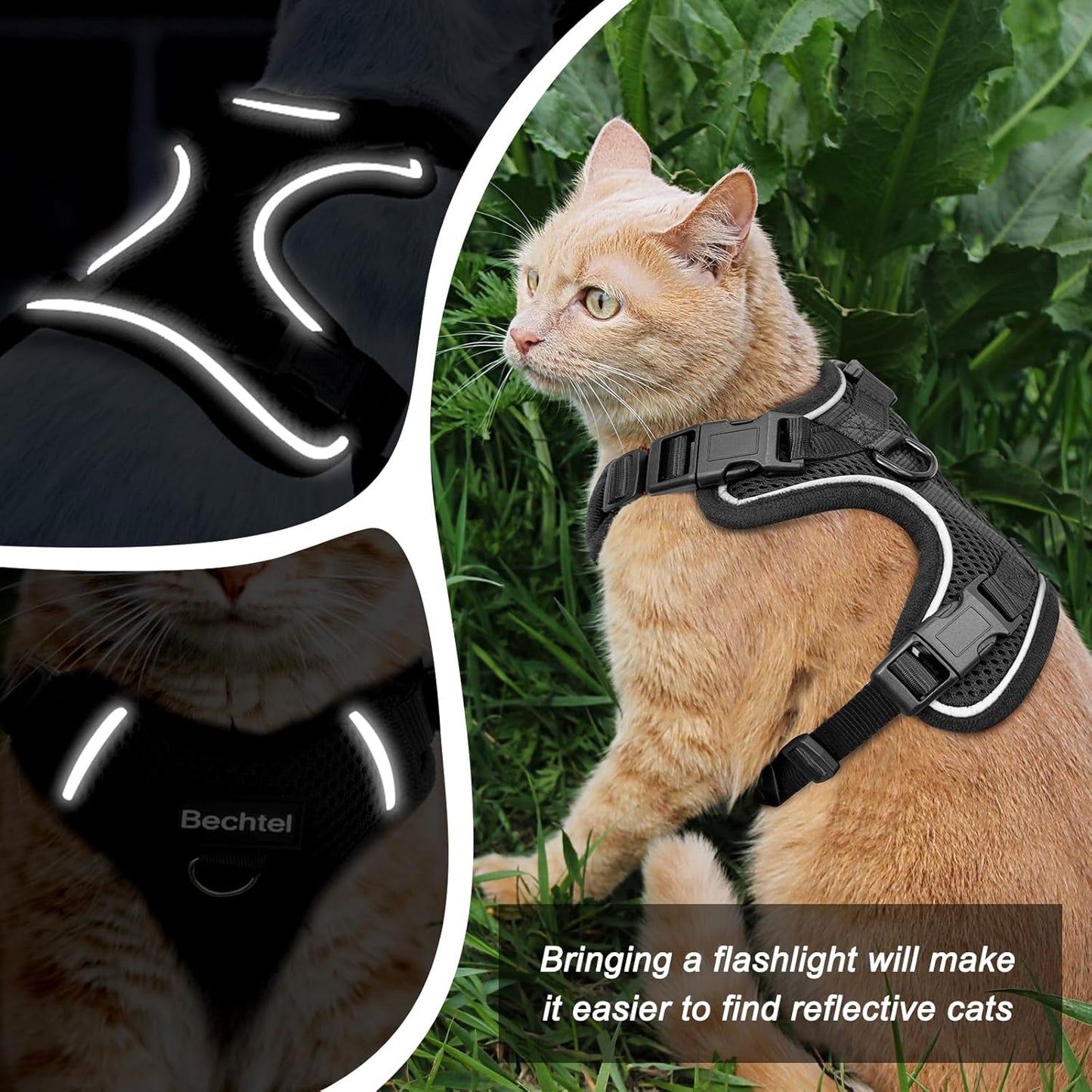 Kitten Harness and Leash Seat, The Upgrade Can be Adjusted in Four Directions and Breathable Cat Harness for Anti Escape That can be Fitted and Positioned, Reflective Strips Harness, Black,XXS