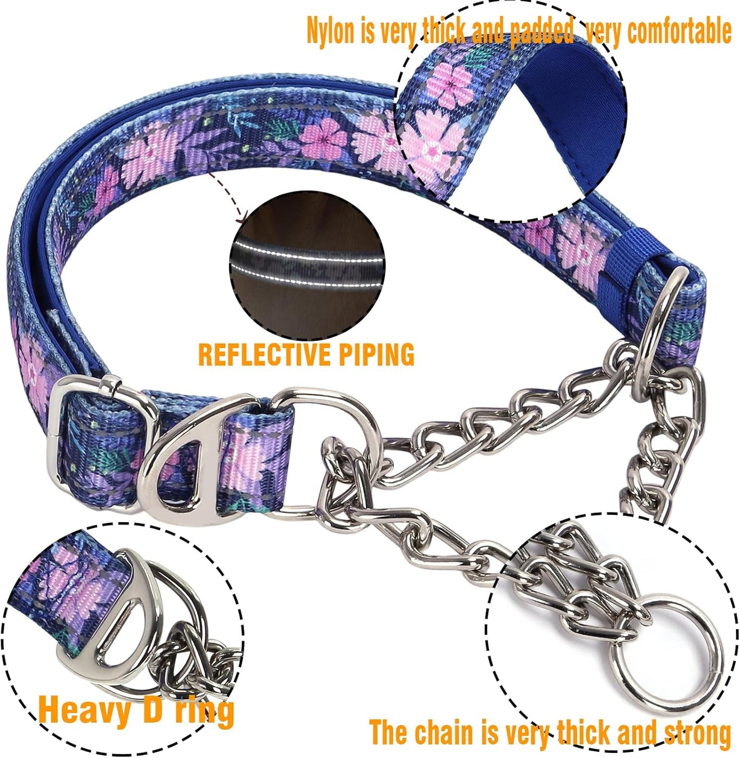 Martingale Dog Collar with Steel Chain, Reflective Choke Collar with Soft Padded- Adjustable No Pull with Bohemia Flower for Training Large Dogs Pet Collars for Walking（M