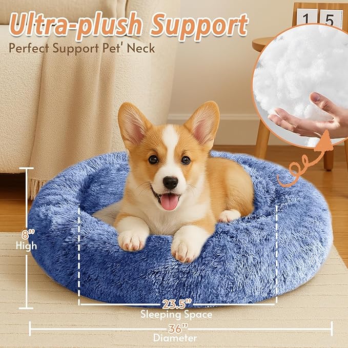 JOLLYVOGUE Calming Dog & Cat Bed for Large Dogs, Anti-Anxiety Donut Cuddler Cozy Soft Round Bed with Anti-Slip Bottom, Fluffy Faux Fur Plush Cushion Beds for Medium Dogs (36")
