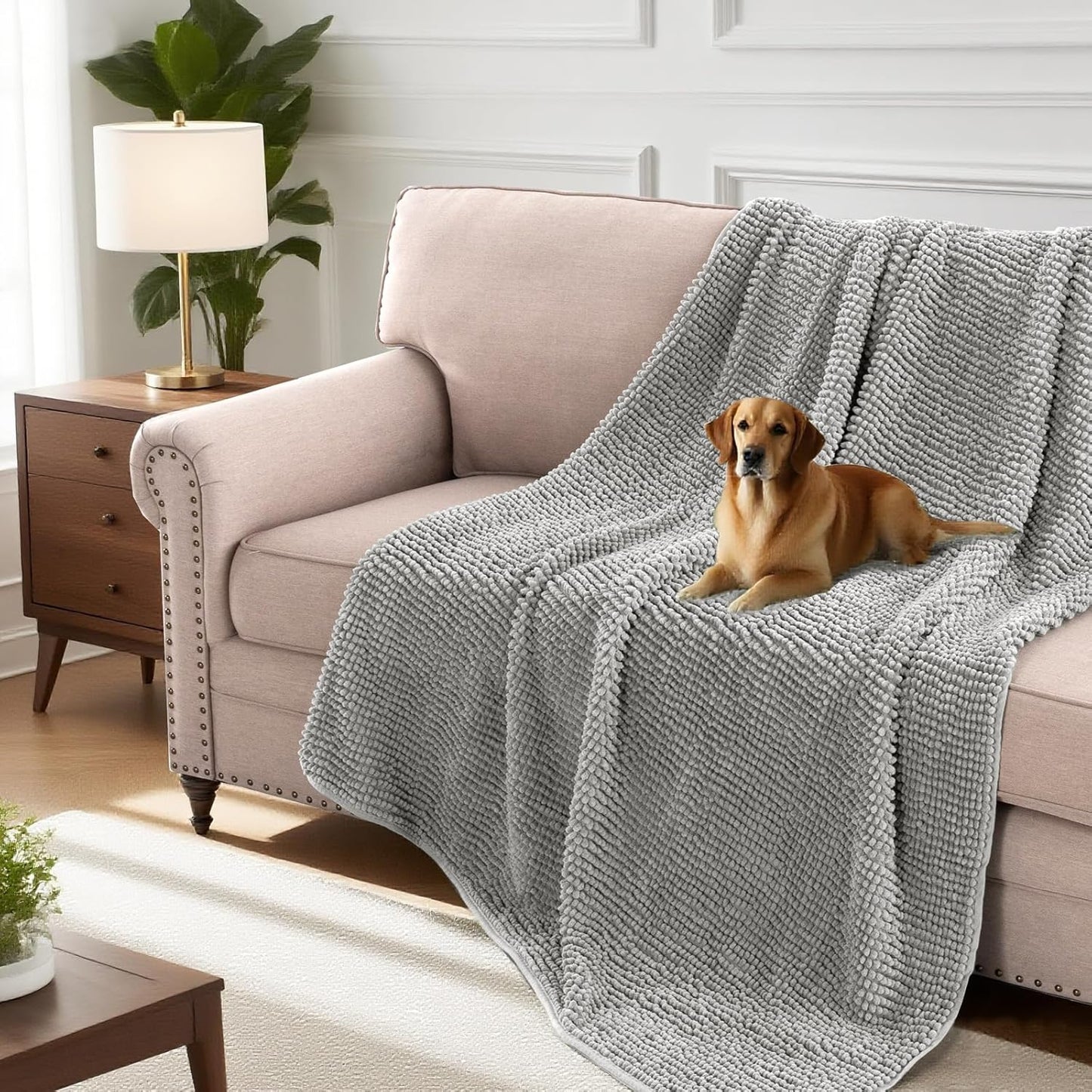 H.VERSAILTEX Plush Chenille Couch Cover for Dogs Pets Blanket for Bed Anti-Slip Soft and Durable Furniture Protector for Small Medium Large Cats Washable (52" x 82", Dove)