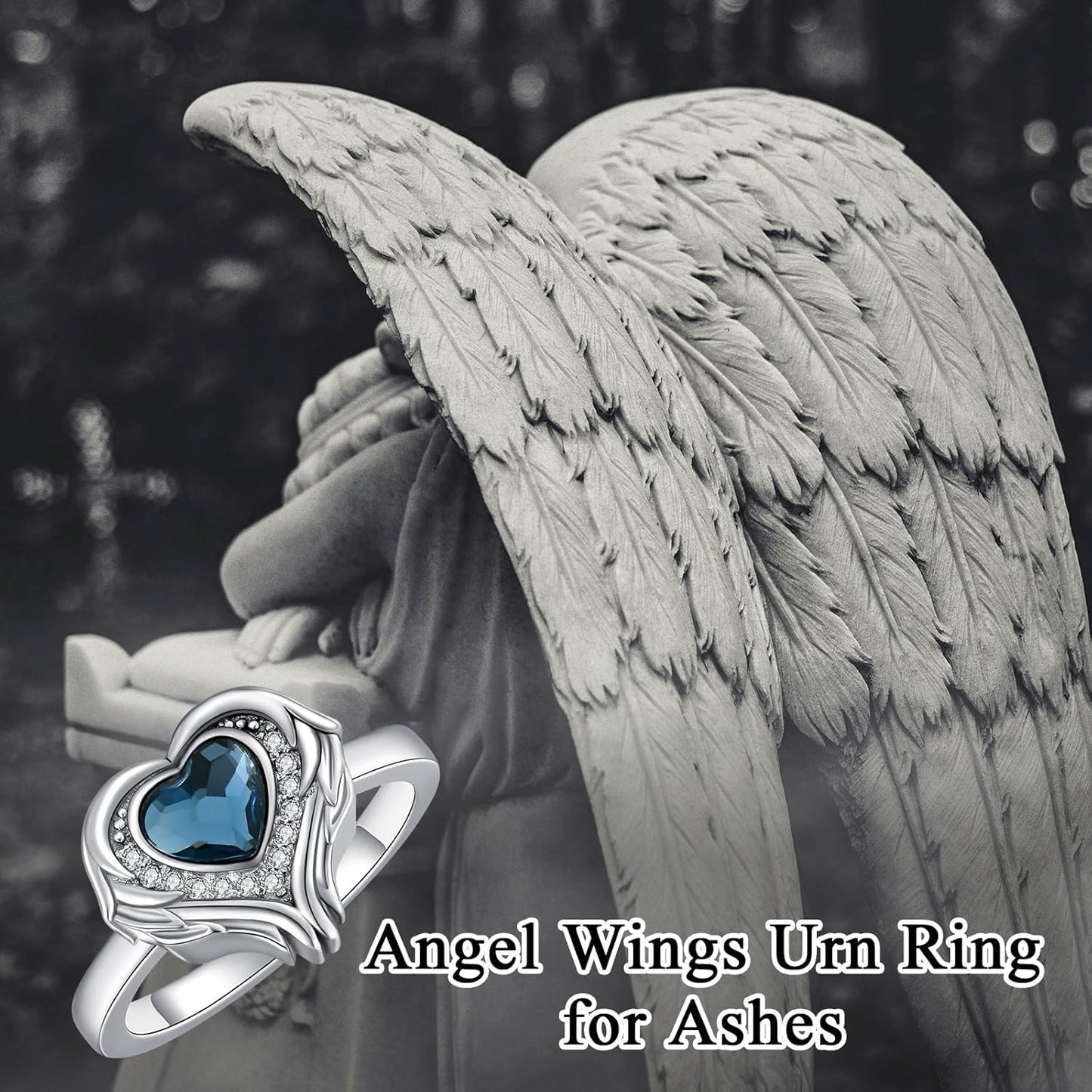 AOBOCO Personalized Angel Wings Urn Rings Holds Loved Ones Ashes for Women Heart Cremation Keepsake Ring Memorial Jewelry, Custom with Name and Crystal-Sterling Silver/Gold/Rose Gold
