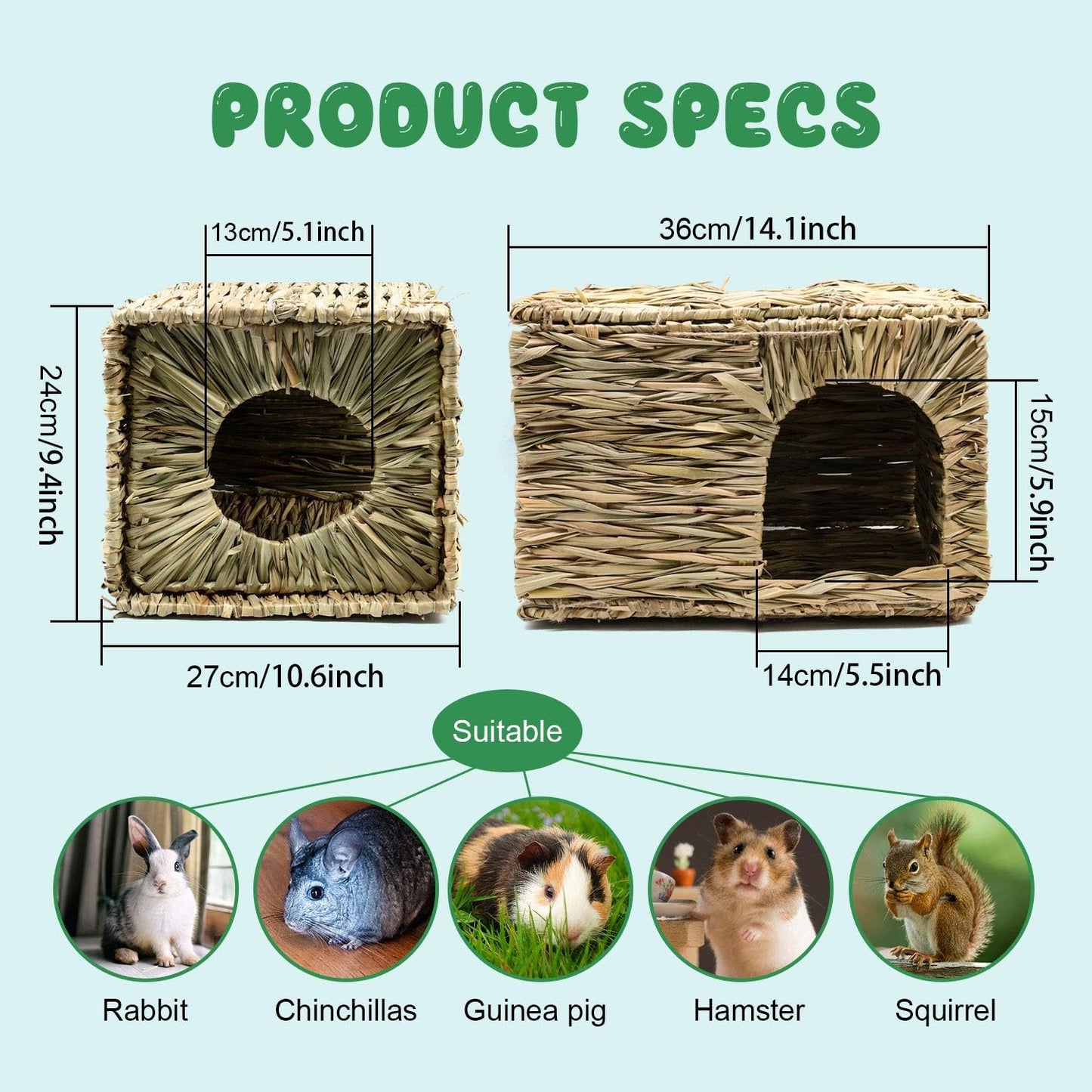 BWOGUE Extra Large Grass House for Rabbits,Hand Crafted Natural Grass Hideaway Foldable Bed Hut with Openings Playhouse for Bunny Guinea Pig Chinchilla Ferret for Play and Sleep