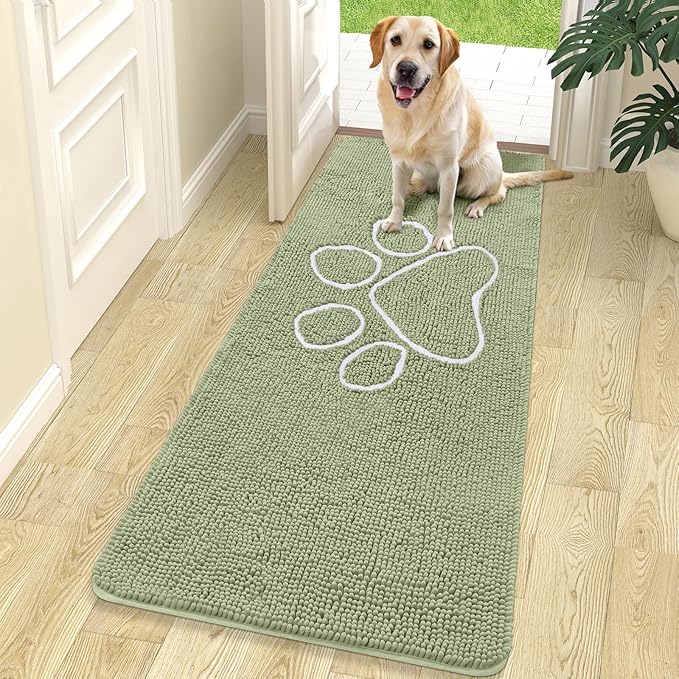 OLANLY Door Mat for Muddy Dog Paws 70x24, Ultra Absorbent Chenille Mud Doormat with Paw Print Design, Non-Slip Washable Doormat for Indoor Entryway, Quick-Dry Pet Bed Mats for Dirty Dogs, Sage Green