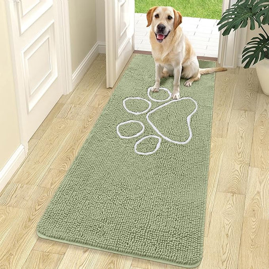 OLANLY Door Mat for Muddy Dog Paws 70x24, Ultra Absorbent Chenille Mud Doormat with Paw Print Design, Non-Slip Washable Doormat for Indoor Entryway, Quick-Dry Pet Bed Mats for Dirty Dogs, Sage Green