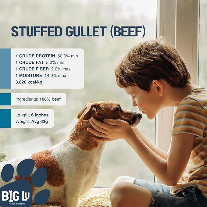 Big Lu - 6-Inch Stuffed Gullet Sticks, 20 Count, Premium Beef Dog Treats, All-Natural, High-Protein, Easily Digestible Chews for Dogs, Supports Dental Health and Joint Mobility