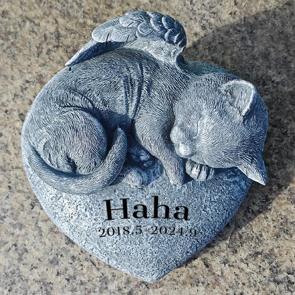 Personalized Cat Memorial Stone Cat Grave Markers Angel Cat Statue Sleeping On Heart Shape Monument Stone, Pet Cat Headstone Garden Tombstone, in Loving Memory of Cat Sympathy Gifts