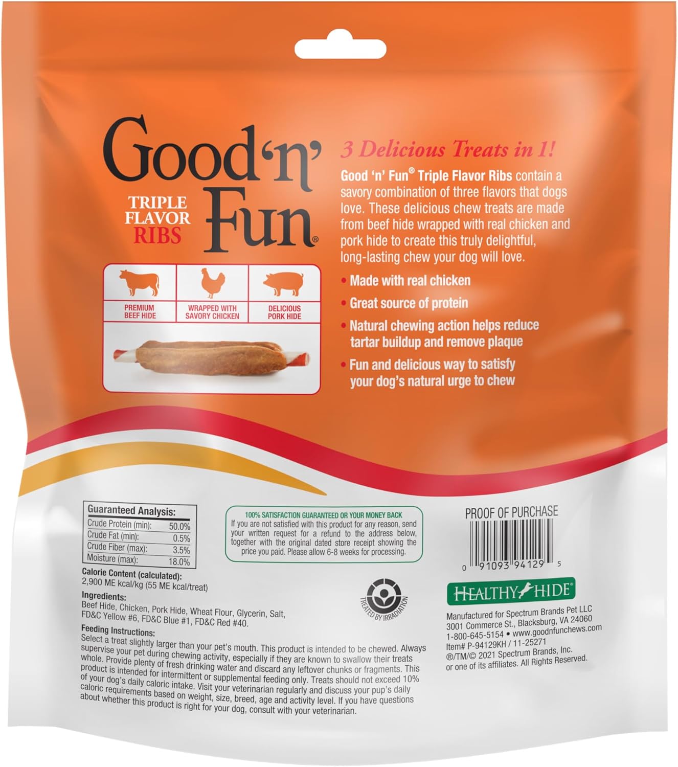 Good ‘n’ Fun Triple Flavor Ribs Chews for All Dogs, 12 Ounces, Treat Your Dog to Long-Lasting Chews Made with Beef Hide, Chicken and Pork Hide