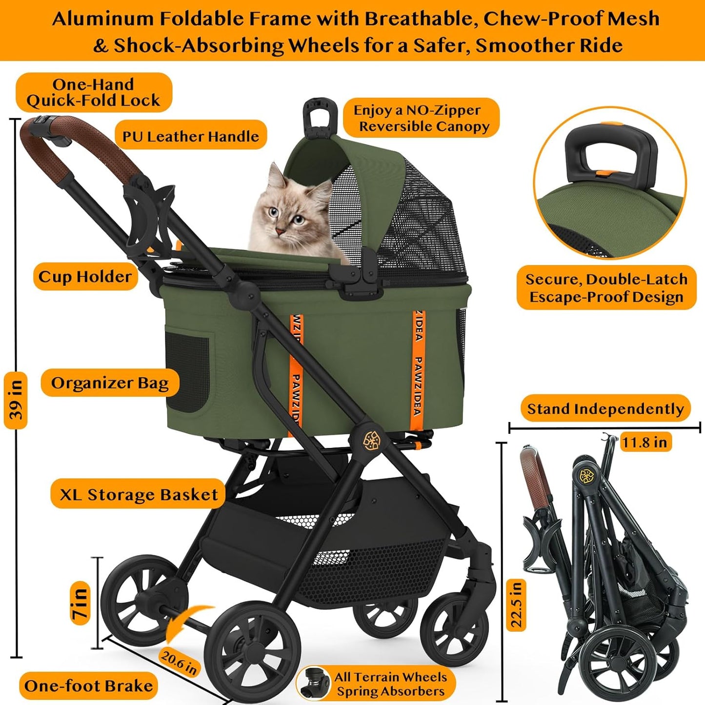 PAWZIDEA Pet Stroller 4 in 1, Dog Strollers with Detachable Carrier No-Zip Canopy, Portable Pet Crate for Car Seat Travel, Foldable & Lightweight Jogger for Small/Medium Dogs and Cats, Storage Basket
