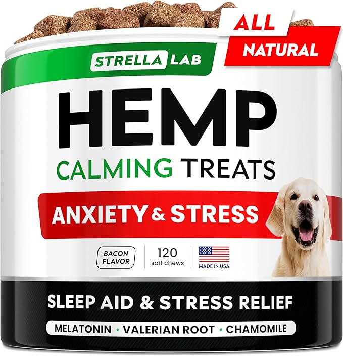 STRELLALAB Vet Formulated Hemp Calming Chews for Dogs - Anxiety Relief Calming Treats - Advanced Melatonin Pet Calm - Natural Sleep Aid & Stress, Separation Anxiety Relief - 120 Treats - Bacon