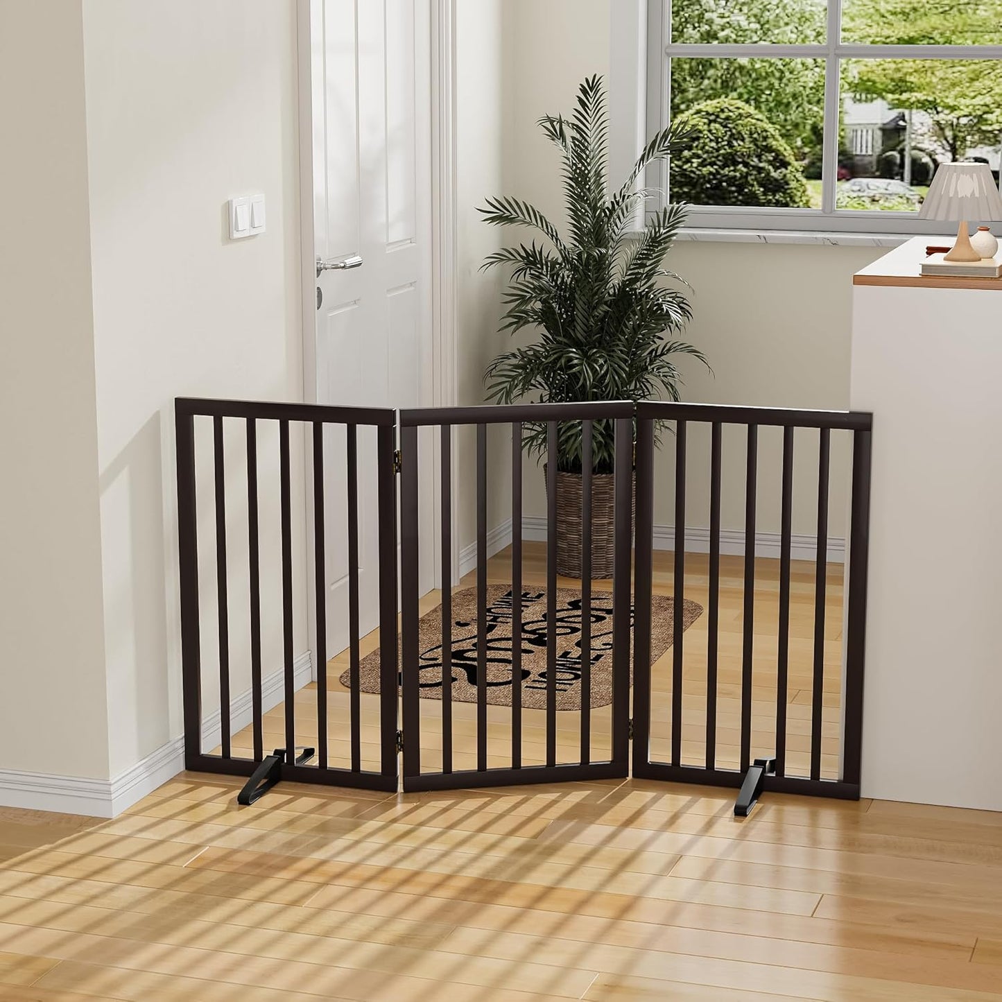Dog Gate for Doorways 32" Tall Freestanding Dog Gate for Stair Foldable Pet Gate for Dogs Indoor (Brown,3 Panel)