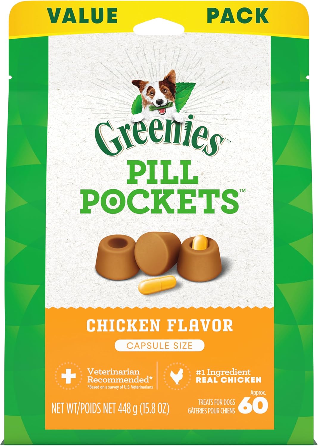 Greenies Pill Pockets for Dogs Large Size, Soft Dog Treats, Chicken Flavor, 15.8 oz. Pouch (60 Treats)