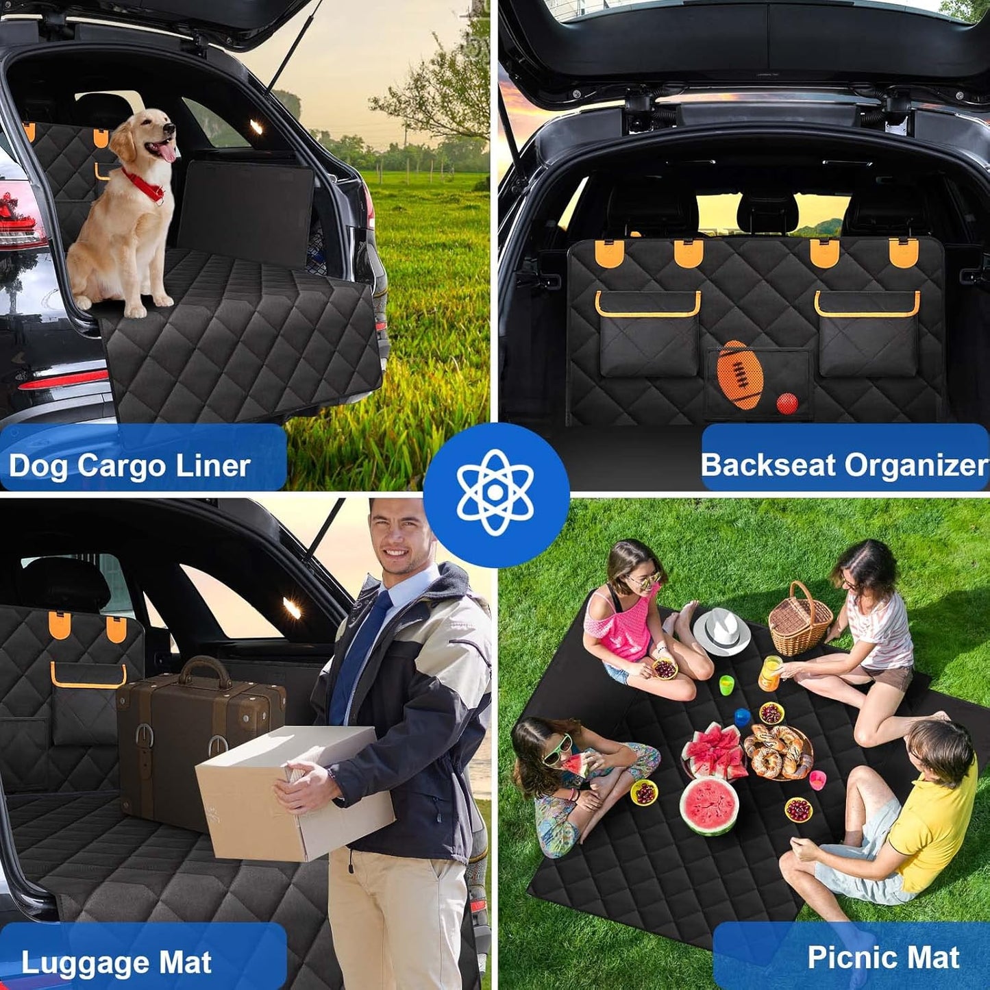 4-in-1 SUV Cargo Liner for Dogs, Non-Slip Water Resistant Pet Trunk Mat with Side Flaps Protector & Back Seat Organizer, Dog Backseat Cover for SUVs Vans（54" W x 88" L）
