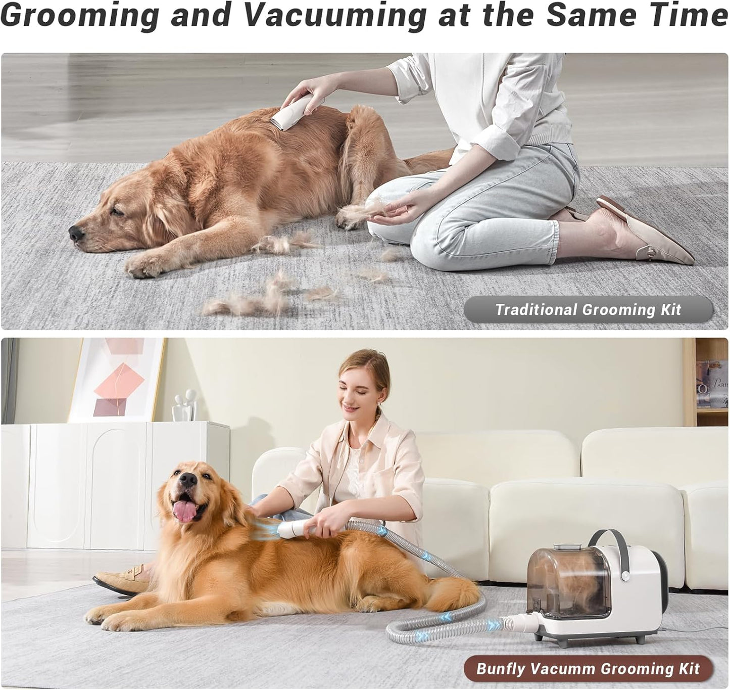 Bunfly Dog Grooming Kit,13000Pa Strong Grooming & Vacuum Suction 99.99% Pet Hair, 16 Pet Grooming Tools for Dogs Cats, 3L Large Capacity Dust Cup, Quiet Pet Vacuum Groomer (Silver & White)