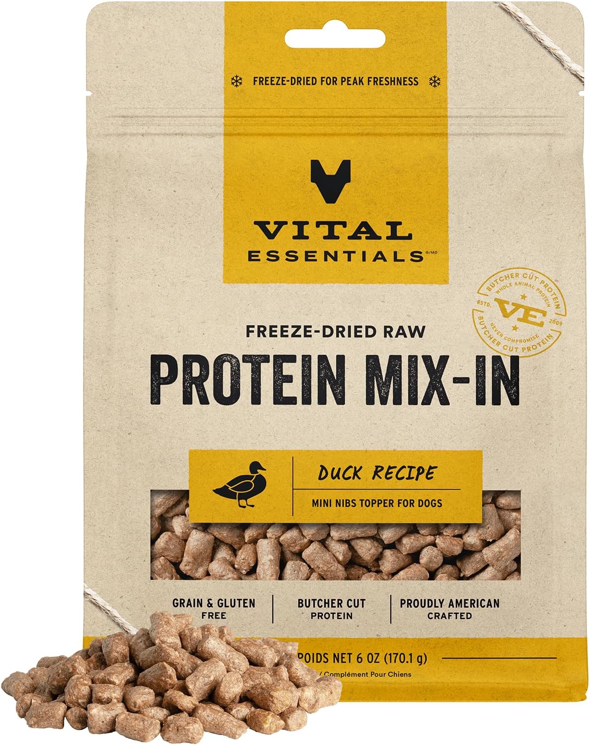 Vital Essentials Freeze Dried Raw Protein Mix-in Dog Food Topper, Duck Mini Nibs Topper for Dogs, 6 oz