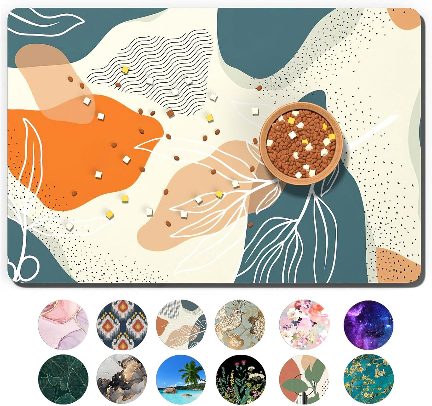Dog Food Mat, 16" x 24" Boho Absorbent Dog Cat Bowl Mat for Food and Water, Cute Anti-Slip Rubber Pet Feeding Rug Protect Floors, Placemat for Feeding & Watering Supplies, Boho Abstract