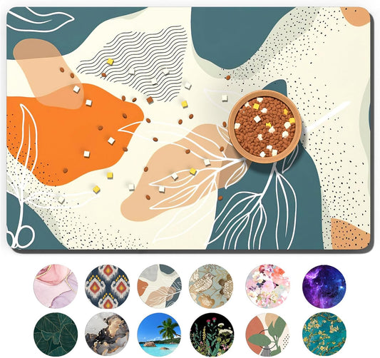 Dog Food Mat, 16" x 24" Boho Absorbent Dog Cat Bowl Mat for Food and Water, Cute Anti-Slip Rubber Pet Feeding Rug Protect Floors, Placemat for Feeding & Watering Supplies, Boho Abstract