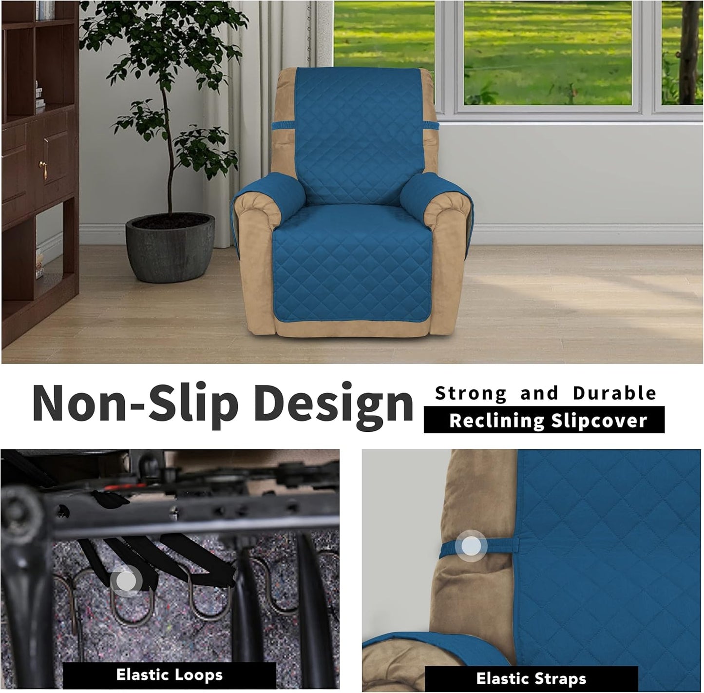 Easy-Going Recliner Chair Slipcover Reversible Sofa Cover Water Resistant Couch Cover Furniture Protector with Elastic Straps for Pets Dog (Recliner 22 inch, Peacock Blue/Beige)