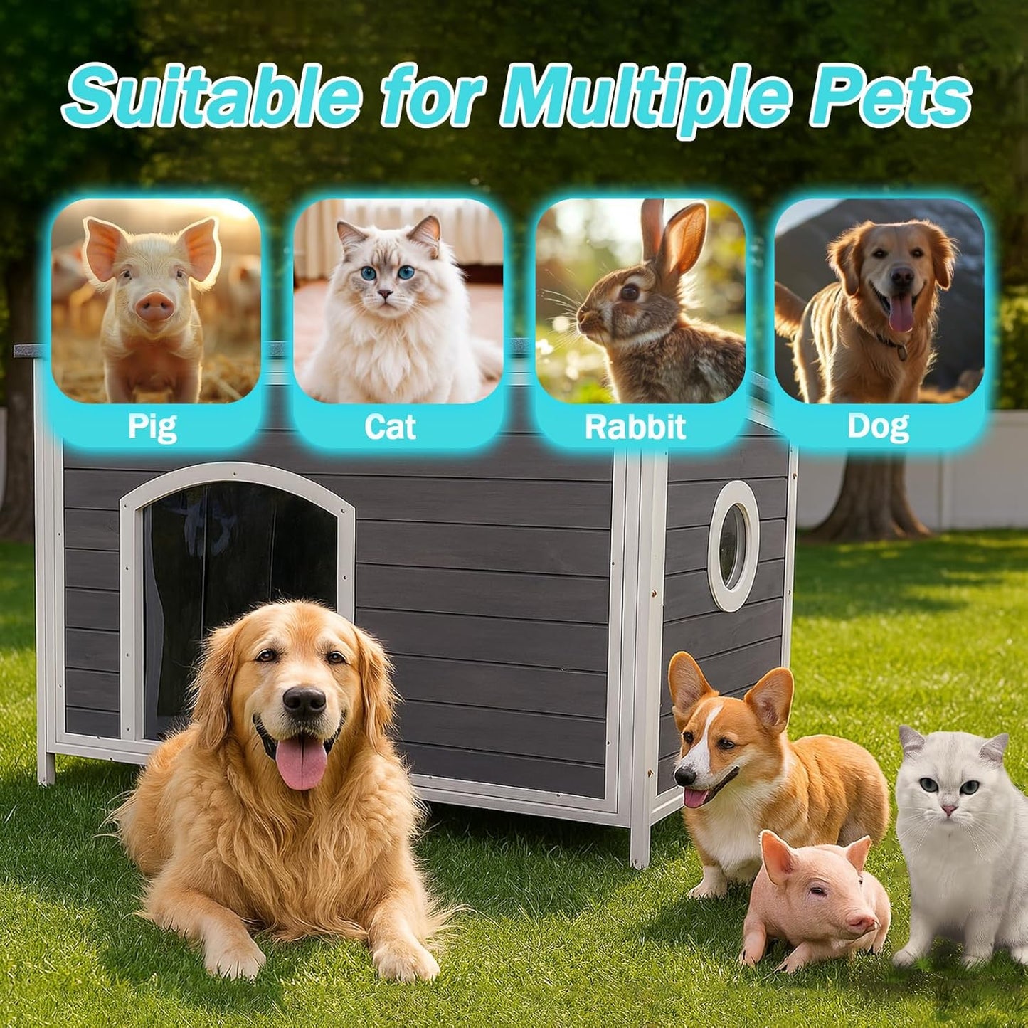 Geguri Large Outdoor Wooden Dog House for Medium to Large Dogs | Weatherproof Asphalt Roof, Chew-Resistant Frame,Indoor/Outdoor Use (Grey, 43.3" L × 26.4" W × 29.5" H)