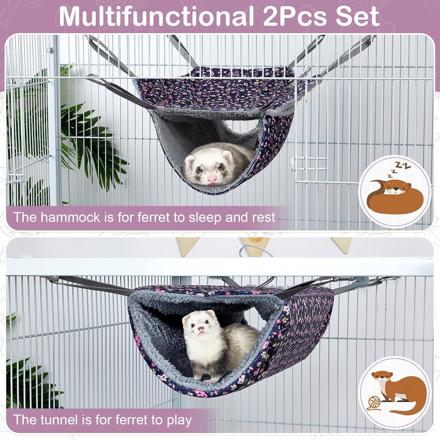 Bienbee 2 Pcs Ferret Rat Hammock Set for Cage Washable Guinea Pig Hideout Bed Soft Small Animal Hammock Tunnel Toys Ferret Cage Accessories for Hedgehog Sugar Glider Squirrel Hamster