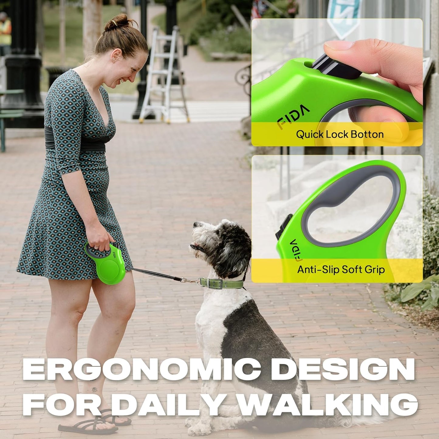 Fida Retractable Dog Leash, 10ft Heavy Duty Pet Walking Leash for X-Small Dog or Cat up to 18 lbs, Tangle Free. One-Hand Brake (X-Small, Green)