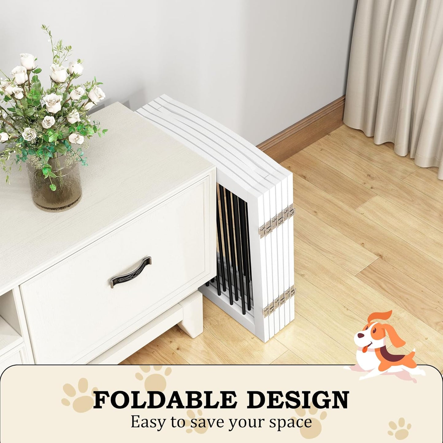 Freestanding Pet Gates with Walk Through Door, Dog Indoor Fence, Dog Gate for The House, Stairs, Extra Wide Pet Gate, Support Feet Included, 120 Inch Wide, 6 Panels 24" Tall, White & Black