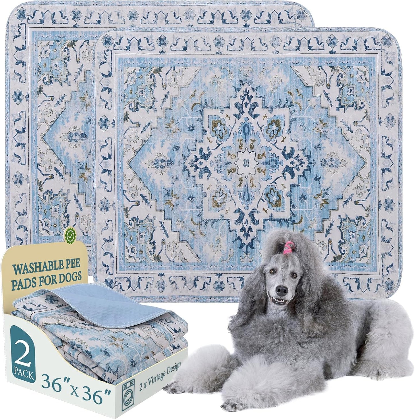 Homimp Washable Pee Pads for Dogs,2 Pack Reusable Puppy Pads Waterproof,Absorbent and Leakproof Dog Pee Pads,Non Slip Puppy Training Pads, Pet Mat for Floor, Crate, Couch, Whelping,Blue, 36"x36"