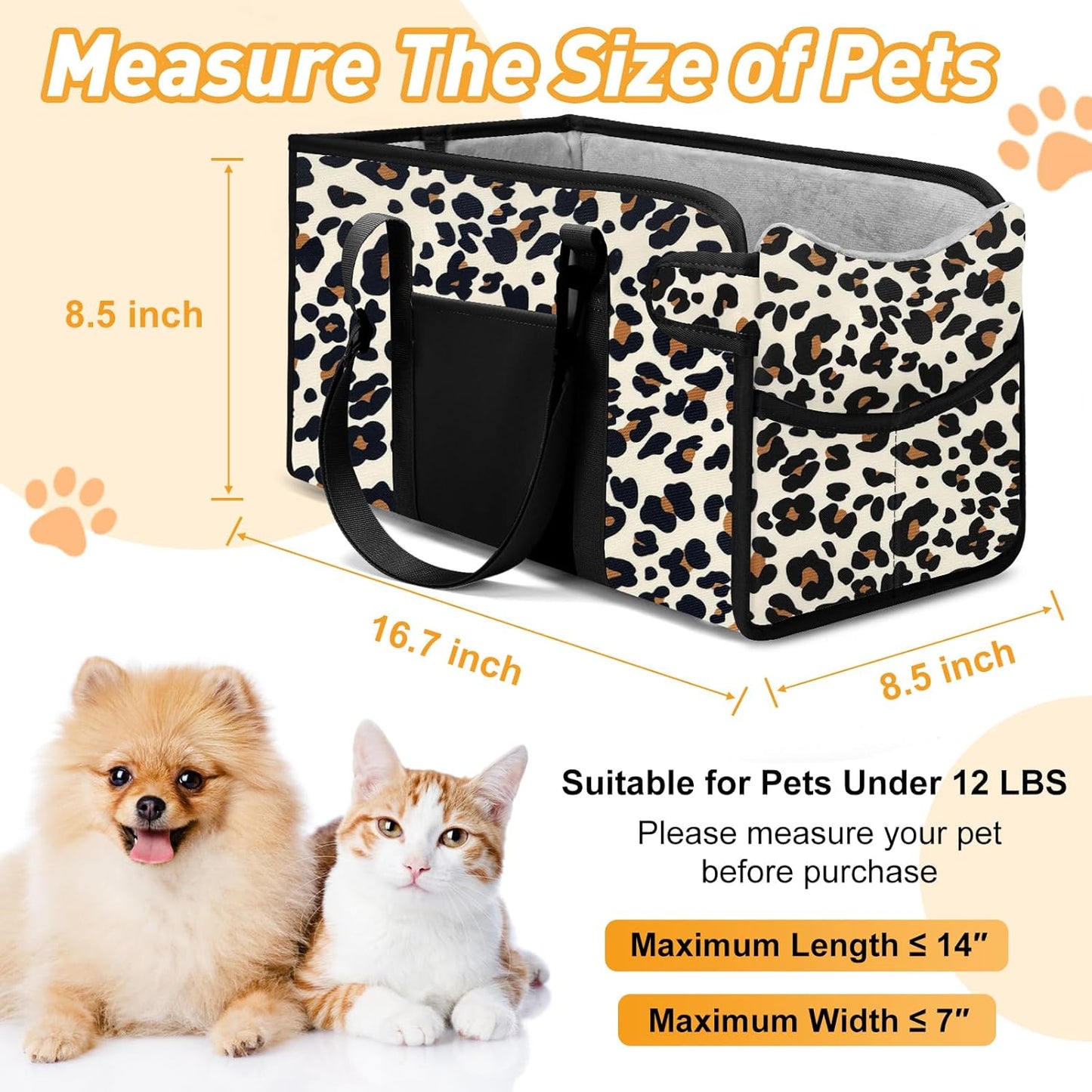 Portable Dog Car Seat for Small Dogs - Adjustable Safety Leash, Washable Cushion & Storage Pocket - Pet Booster Seat for Car Travel- Leopard
