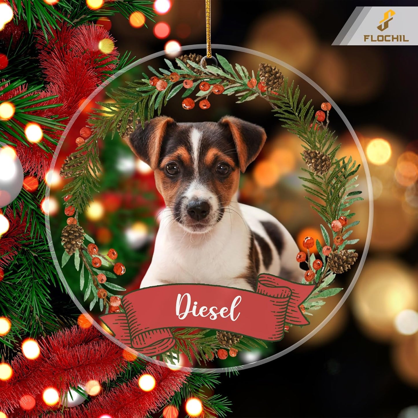 FLOCHIL Personalized Dog Christmas Ornaments, Custom Photo Name for Christmas Trees, Dog First Christmas Ornaments, Best Gifts for Pet Lovers Acrylic Ornament