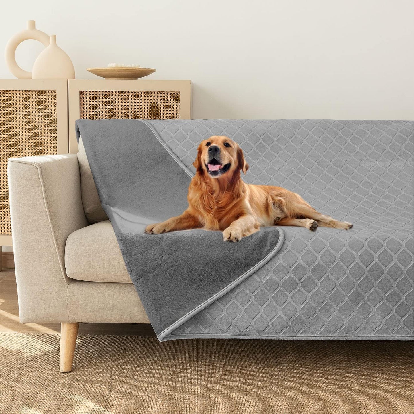 fuguitex Waterproof Dog Blanket Bed Cover Dog Crystal Velvet Moroccan Fuzzy Cozy Plush Pet Blanket Throw Blanket for Couch Sofa(82 * 82 inch, Light Grey+Grey)