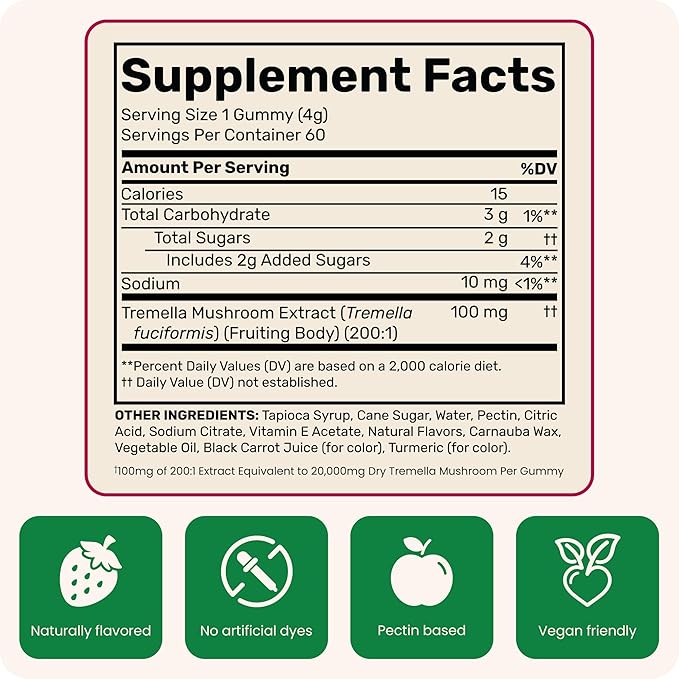 Fungies Tremella Mushroom Gummies, Mixed Strawberry & Lemon Flavor - Mushroom Herbal Supplement Gummy for Adults Supports Collagen Synthesis, Healthy Skin & Healthy Aging - Beauty Gummies 60 Servings