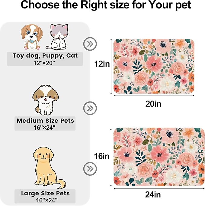 Boho Floral Pet Feeding Mat for Floors-Absorbent Dog Bowl Mat for Food and Water, Quick Dry Pet Cat Feeding Mats with Non Slip Bottom, Mess-Free Dog Accessories 16"x24"