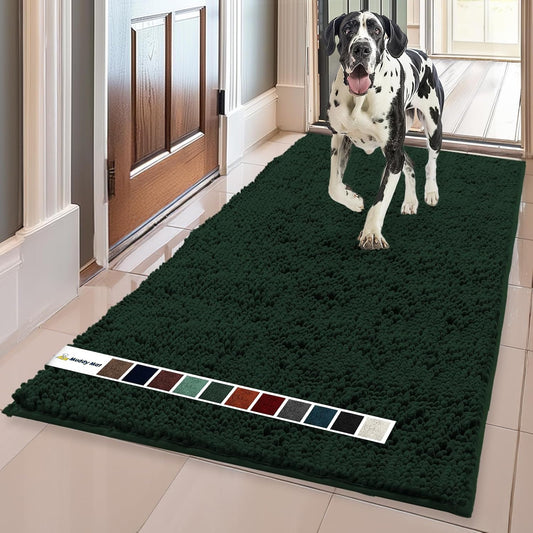 Muddy Mat® AS-SEEN-ON-TV Highly Absorbent Microfiber Dog Door Mat and Pet Rug, Non Slip Thick Washable Area and Bath Mat Soft Chenille for Kitchen Bathroom Bedroom and Indoor - Dark Green XL 59"X35"