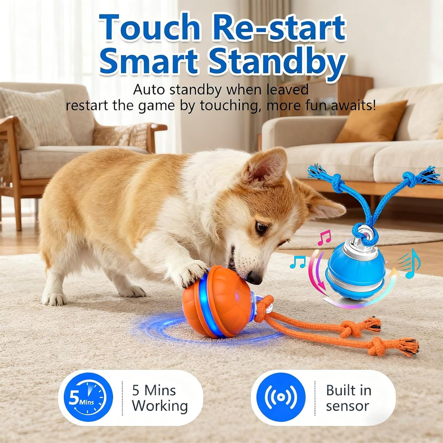 Interactive Dog Ball Toy,Interactive Dog Toys for small dogs,Peppy Pet Ball for Dogs,Motion Activate Rolling Dog Toy with Birdsong Squeaky Chewable Rope Tiny Fetch Dog Toys to Keep them Busy(Blue)