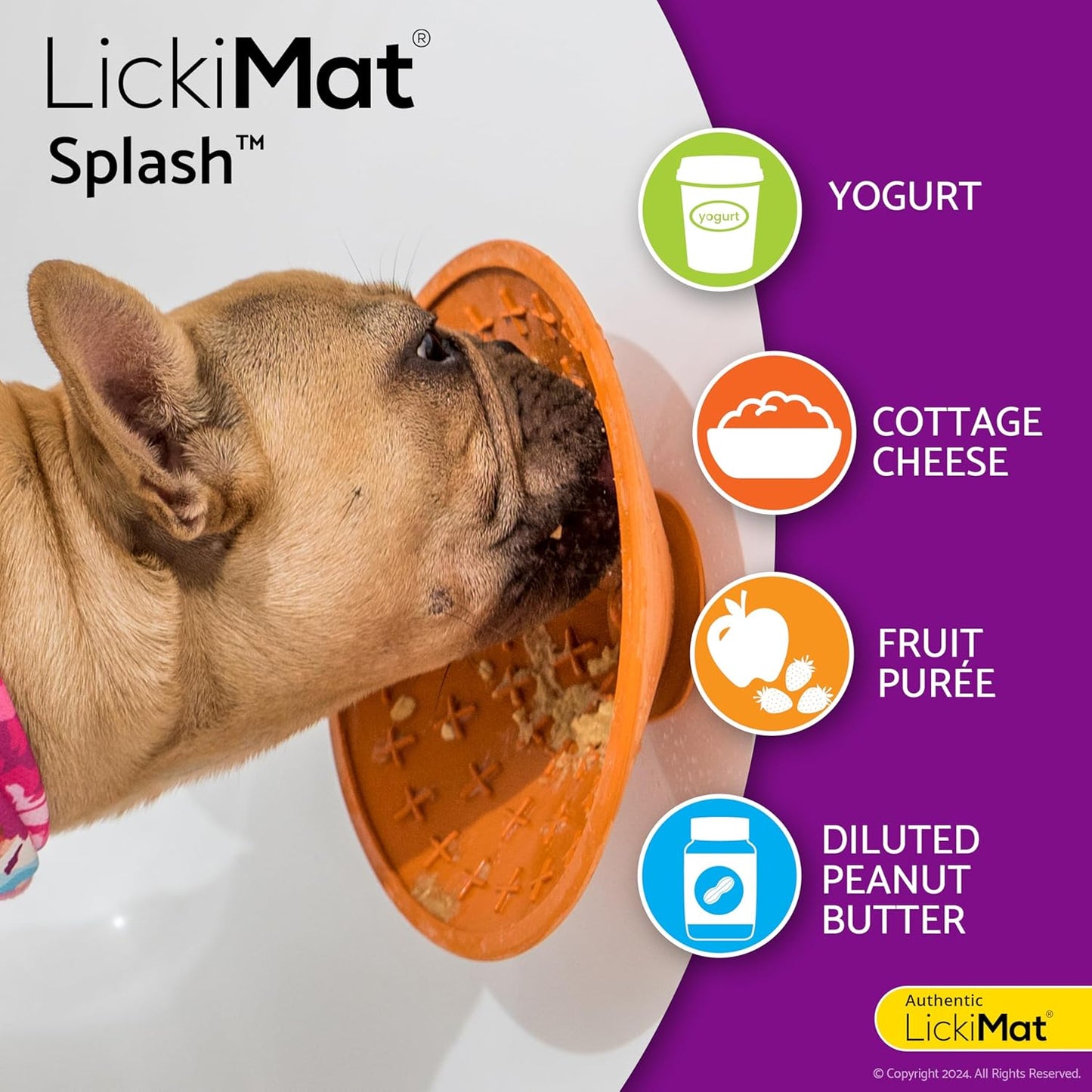 LickiMat Splash, Dog Slow Feeder Bowl Lick Mat, Boredom Anxiety Reducer, Sticks to Smooth Surface; Perfect for Food, Treats, Yogurt, or Peanut Butter. Fun Alternative to a Slow Feed Dog Bowl, Purple